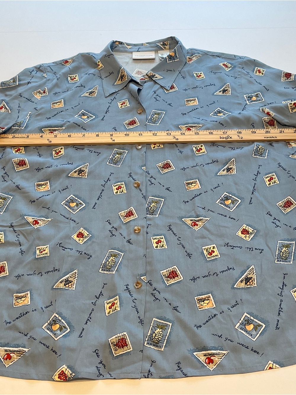 Liz Claiborne 100% silk Pale Blue Button-Down blouse with Postcard Print size L - Picture 9 of 10